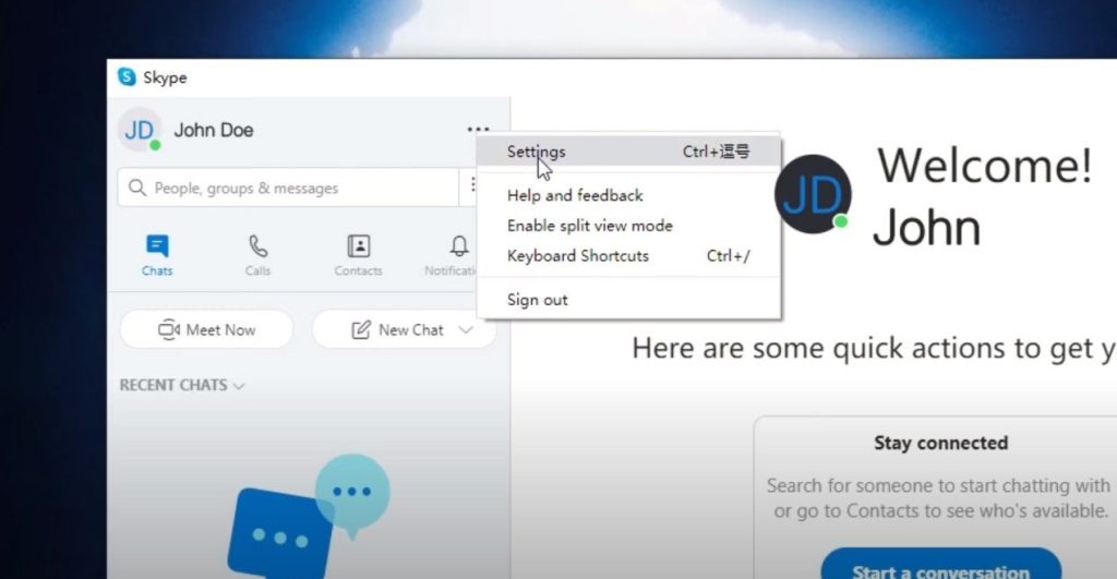 Vào phần cài đặt trên ứng dụng Skype